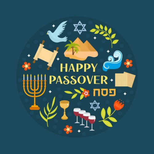 Passover icons set in round shape. flat, cartoon style. Jewish holiday. Collection with matzah, wine, torus, pyramid. Isolated on white background Vector illustration.